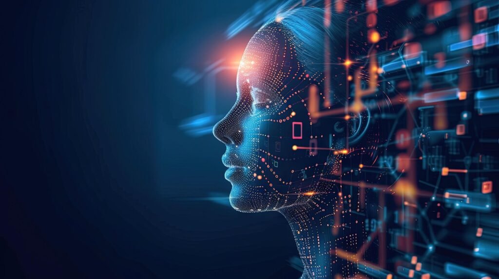 Concept image of human and artificial intelligence connected, symbolising AI-generated content
