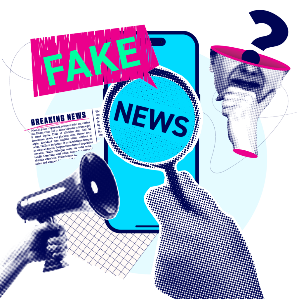 A magnifying glass over a mobile phone that reads "Fake News"
