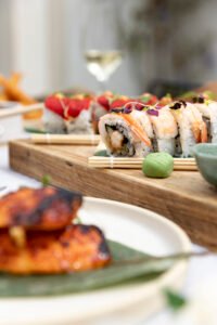 Sushi Board and Blackened Salmon Table Shot