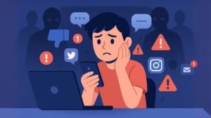 Illustration of a person appearing anxious as they look at their phone screen.